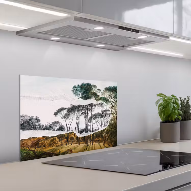 Italiaans landschap parasoldennen - Kunst - Hendrik Voogd - Schilderij - Zwart wit - Oude meesters keuken achterwand spatscherm klein -3d_schuin