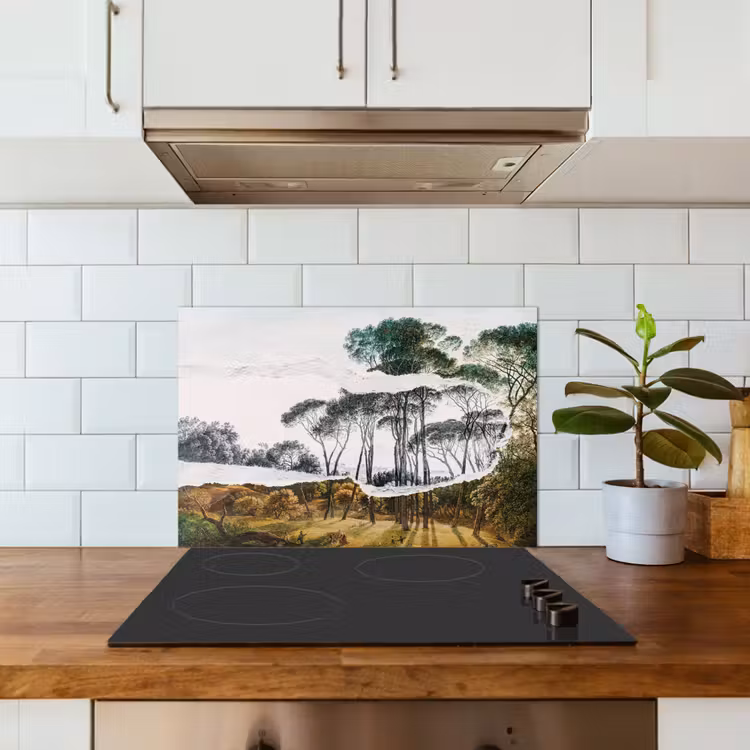 Italiaans landschap parasoldennen - Kunst - Hendrik Voogd - Schilderij - Zwart wit - Oude meesters keuken achterwand spatscherm klein -sfeer2