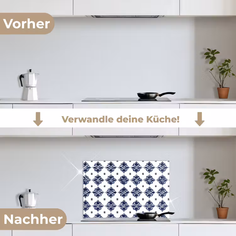Tegelmotief - Blauw - Wit - Bloem keuken achterwand spatscherm klein 900 -voor_na_DE