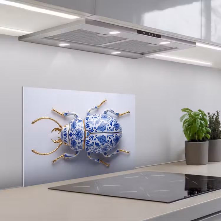 Kever - Delfts - Blauw - Goud keuken achterwand spatscherm klein -3d_schuin