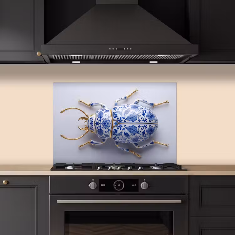 Kever - Delfts - Blauw - Goud keuken achterwand spatscherm klein -sfeer1