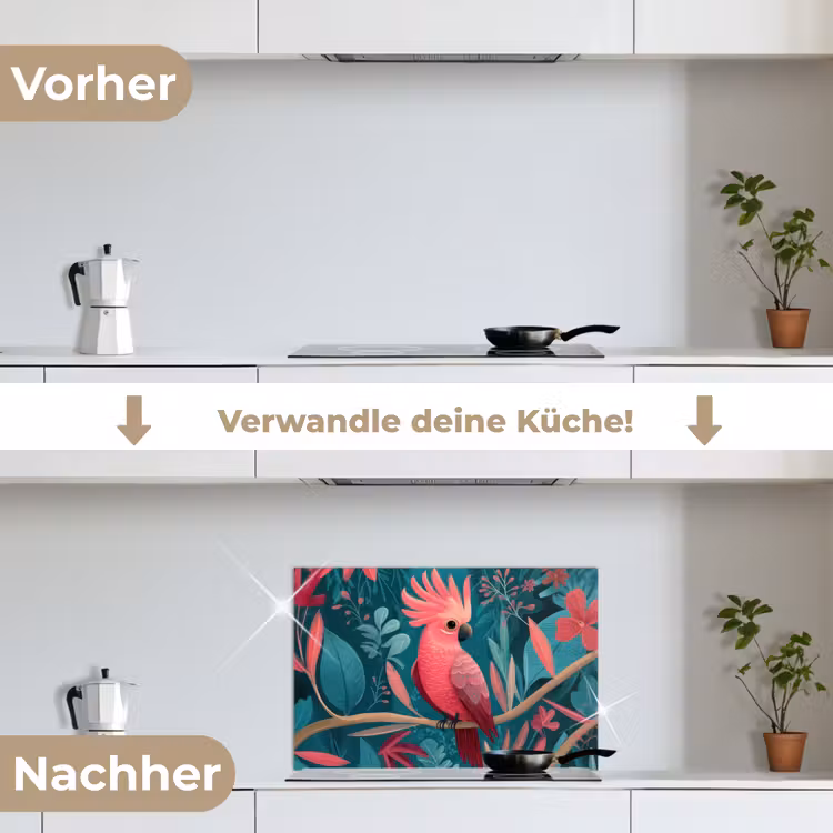 Kaketoe - Tropische bladeren - Tak keuken achterwand spatscherm klein -voor_na_DE