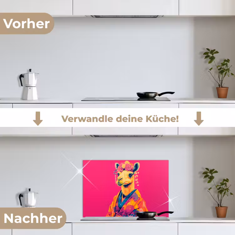 Kameel - Bloemen - Kimono - Waaiers keuken achterwand spatscherm klein -voor_na_DE