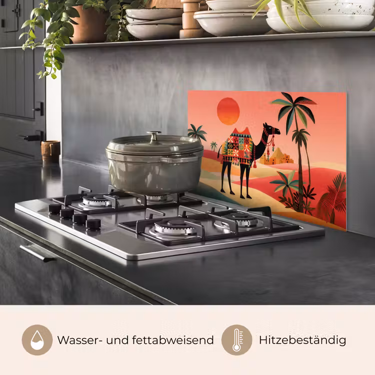 Kameel - Gekleurd tapijt - Duinen - Rode zon keuken achterwand spatscherm klein -usp_DE