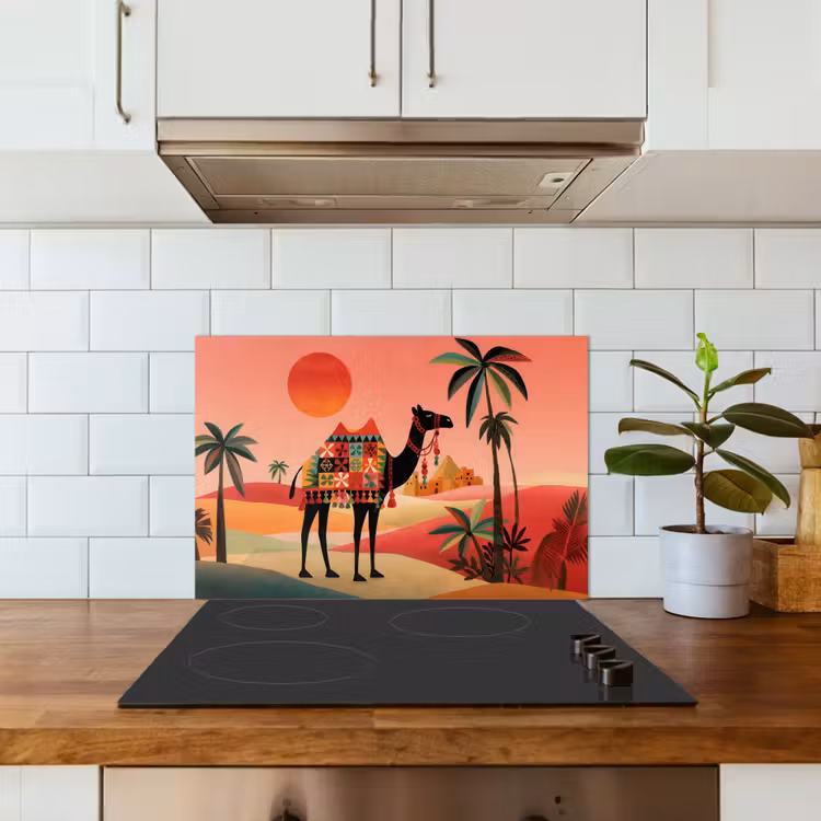 Kameel - Gekleurd tapijt - Duinen - Rode zon keuken achterwand spatscherm klein -sfeer2