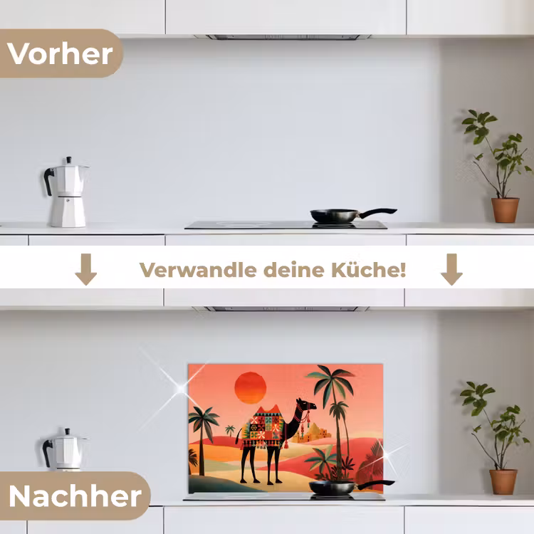 Kameel - Gekleurd tapijt - Duinen - Rode zon keuken achterwand spatscherm klein -voor_na_DE