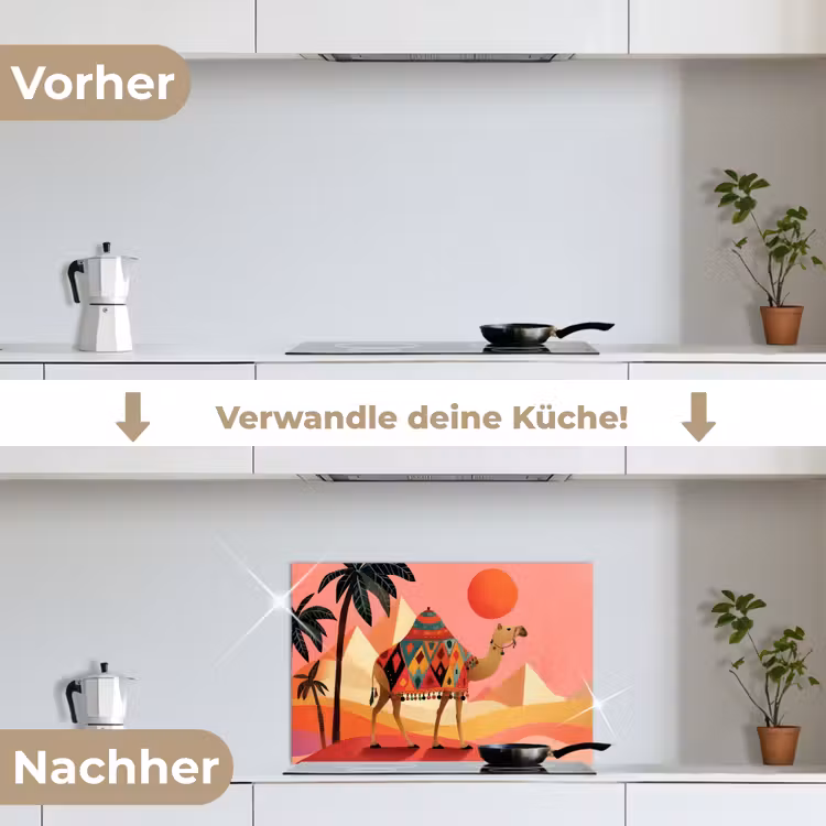 Kameel - Pyramides - Rode zon keuken achterwand spatscherm klein -voor_na_DE