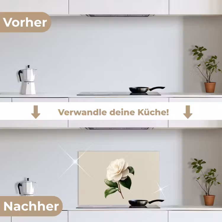 Cameliabloem - Wit - Groen keuken achterwand spatscherm klein -voor_na_DE