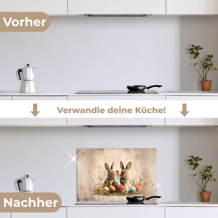 Konijnen - Bloemen - Eieren keuken achterwand spatscherm klein -voor_na_DE