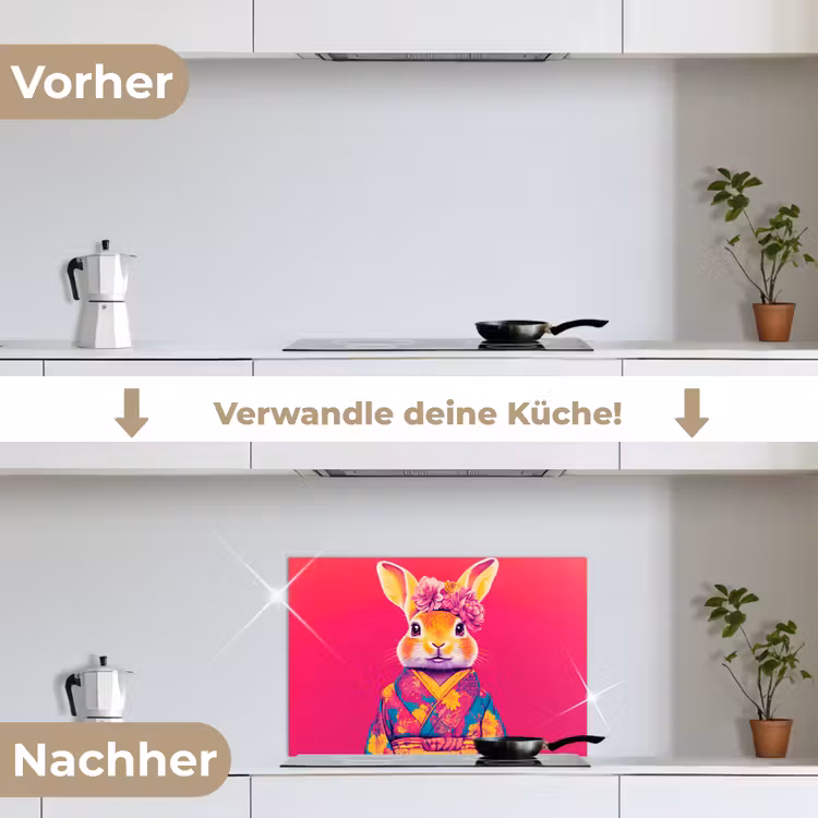 Konijn - Bloemen - Kleurrijk - Kimono keuken achterwand spatscherm klein -voor_na_DE