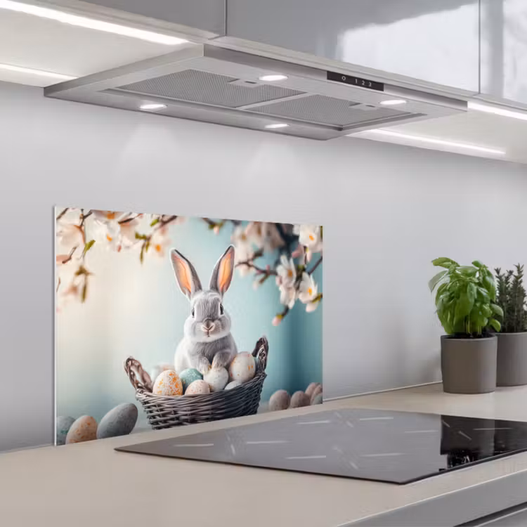 Konijn - Eieren - Mand keuken achterwand spatscherm klein -3d_schuin