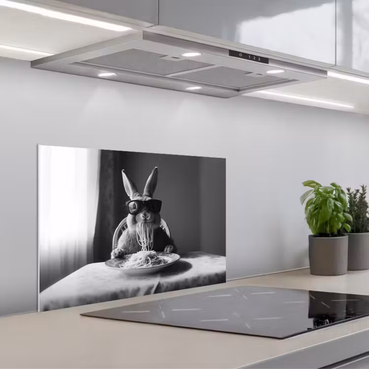 Konijn - Bunny - Zonnebril - Tafelkleed - Pasta - Schattig keuken achterwand spatscherm klein -3d_schuin