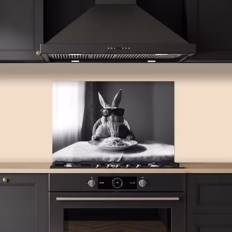 Konijn - Bunny - Zonnebril - Tafelkleed - Pasta - Schattig keuken achterwand spatscherm klein -sfeer1