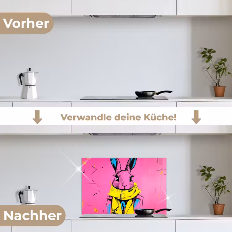Konijn - Felroze - Sjaal - Abstract keuken achterwand spatscherm klein -voor_na_DE
