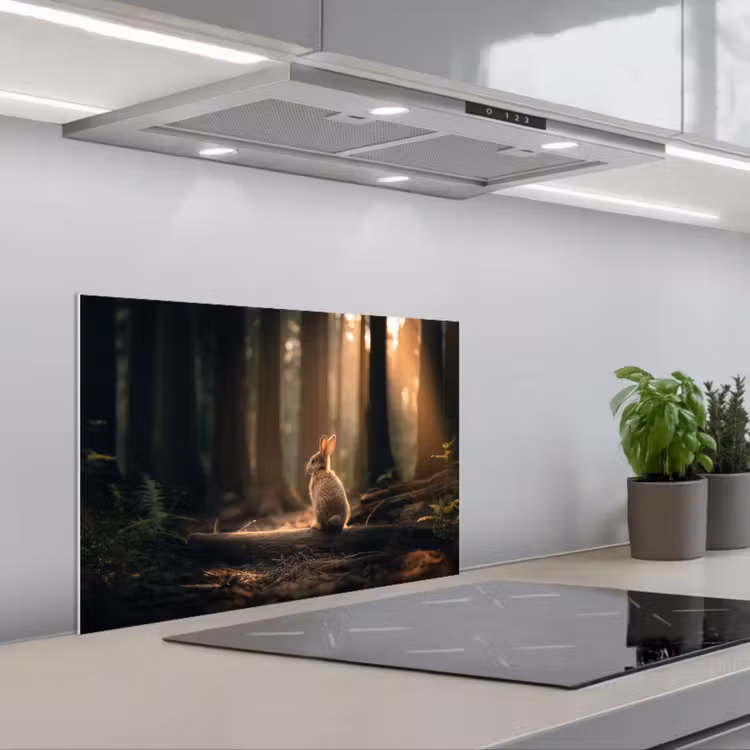 Konijn - Bos - Zonnestralen keuken achterwand spatscherm klein -3d_schuin