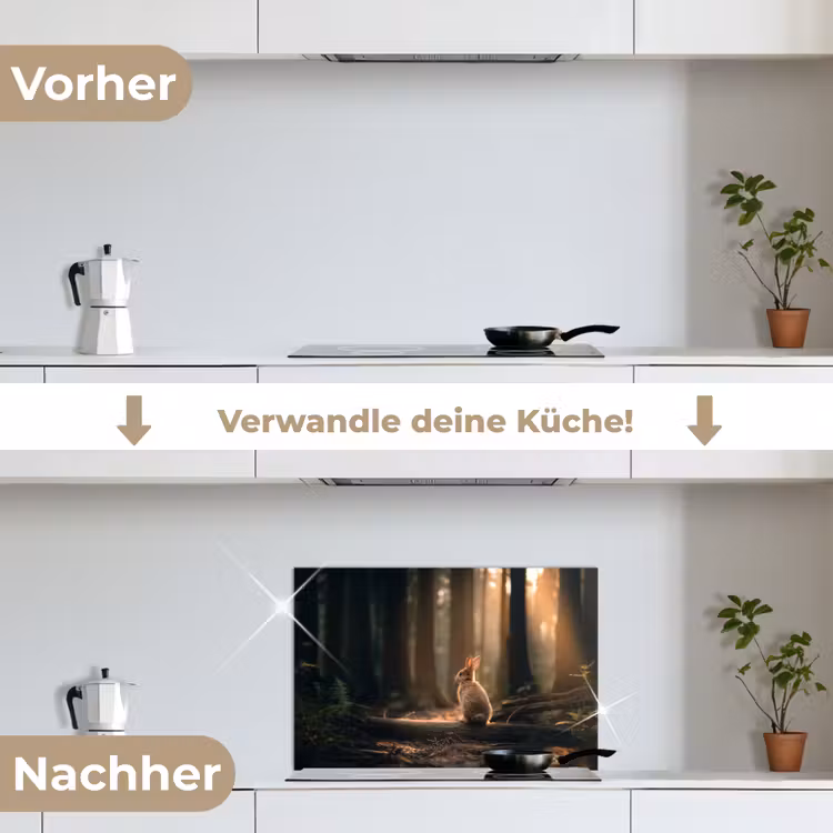 Konijn - Bos - Zonnestralen keuken achterwand spatscherm klein -voor_na_DE