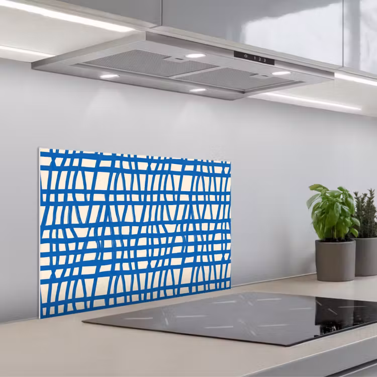 Ruitpatroon - Blauw - Crème keuken achterwand spatscherm klein 900 -3d_schuin