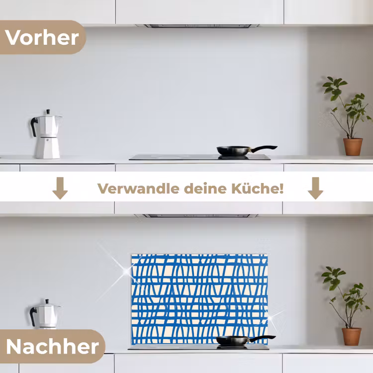 Ruitpatroon - Blauw - Crème keuken achterwand spatscherm klein 900 -voor_na_DE