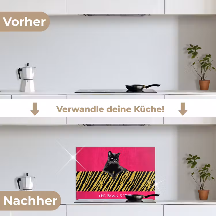 Kat - Baas - Roze - Tijgerprint keuken achterwand spatscherm klein -voor_na_DE