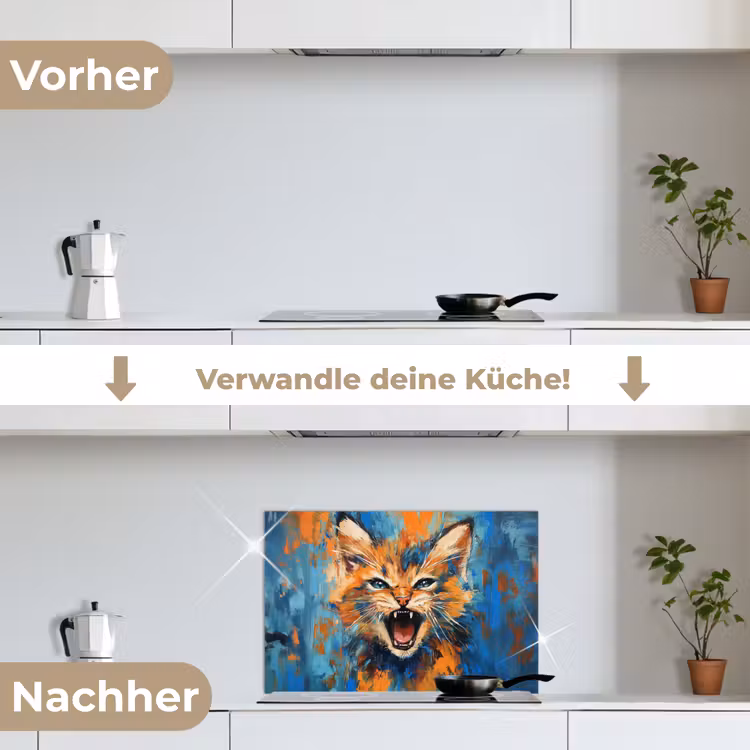 Kat - Kleurrijk - Oranje - Blauw keuken achterwand spatscherm klein -voor_na_DE