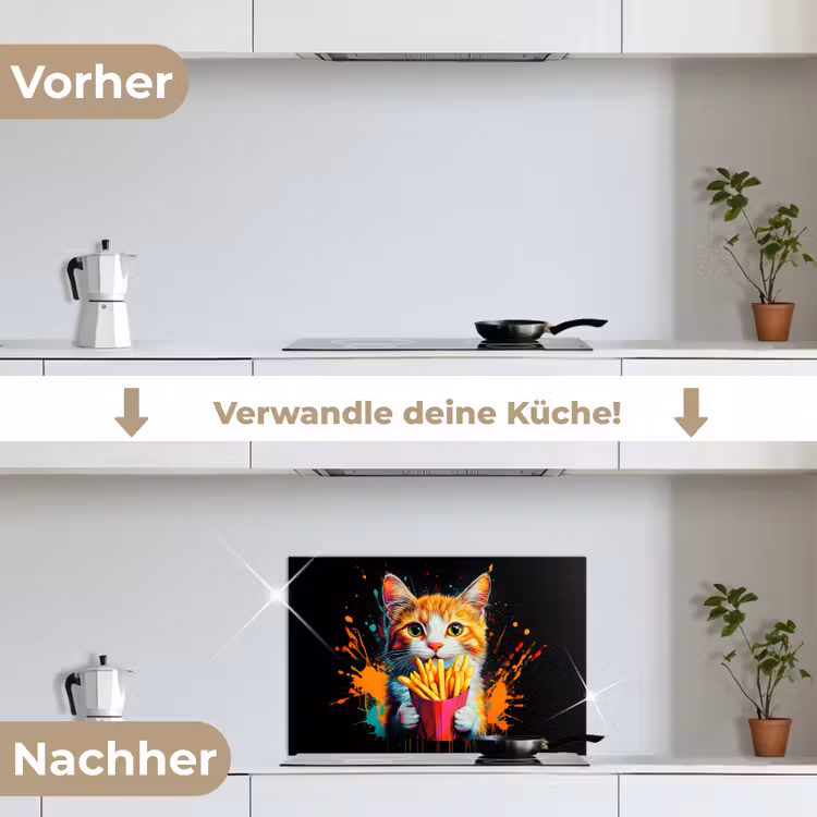 Kat - Eten - Patat - Graffiti - Abstract keuken achterwand spatscherm klein -voor_na_DE