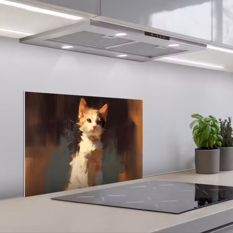 Kat - Geschilderd - Artistiek - Wit keuken achterwand spatscherm klein -3d_schuin