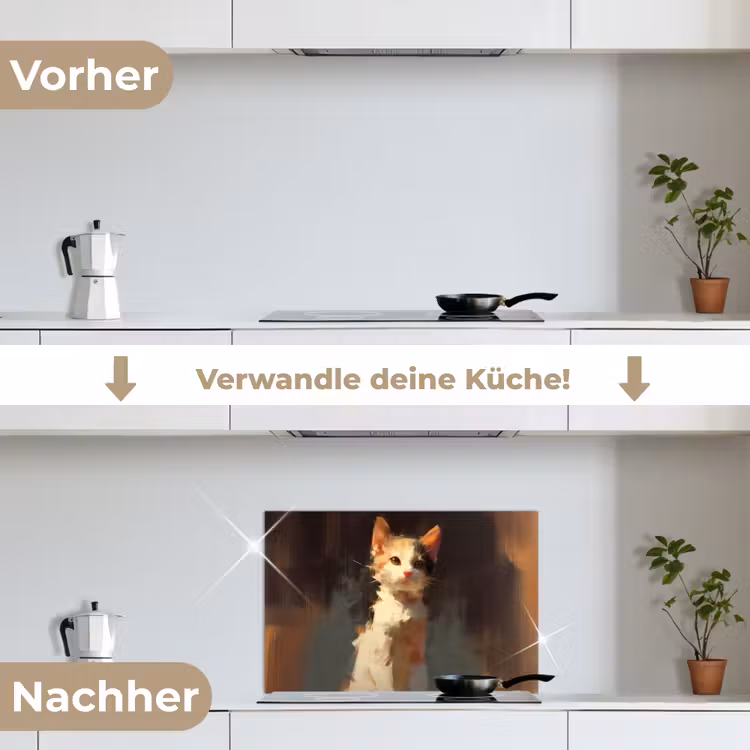 Kat - Geschilderd - Artistiek - Wit keuken achterwand spatscherm klein -voor_na_DE