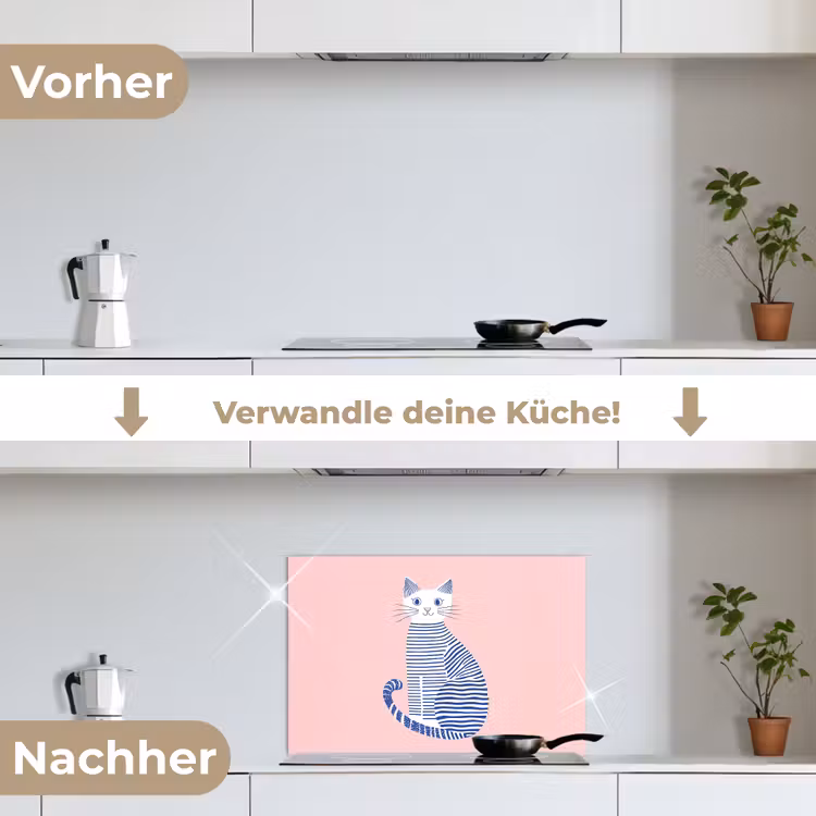 Kat - Illustratie - Minimalistisch - Roze keuken achterwand spatscherm klein -voor_na_DE