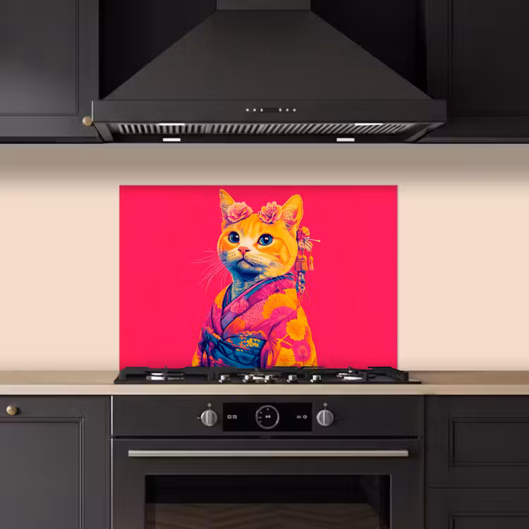 Kat - Kimono - Bloemen - Roze keuken achterwand spatscherm klein -sfeer1
