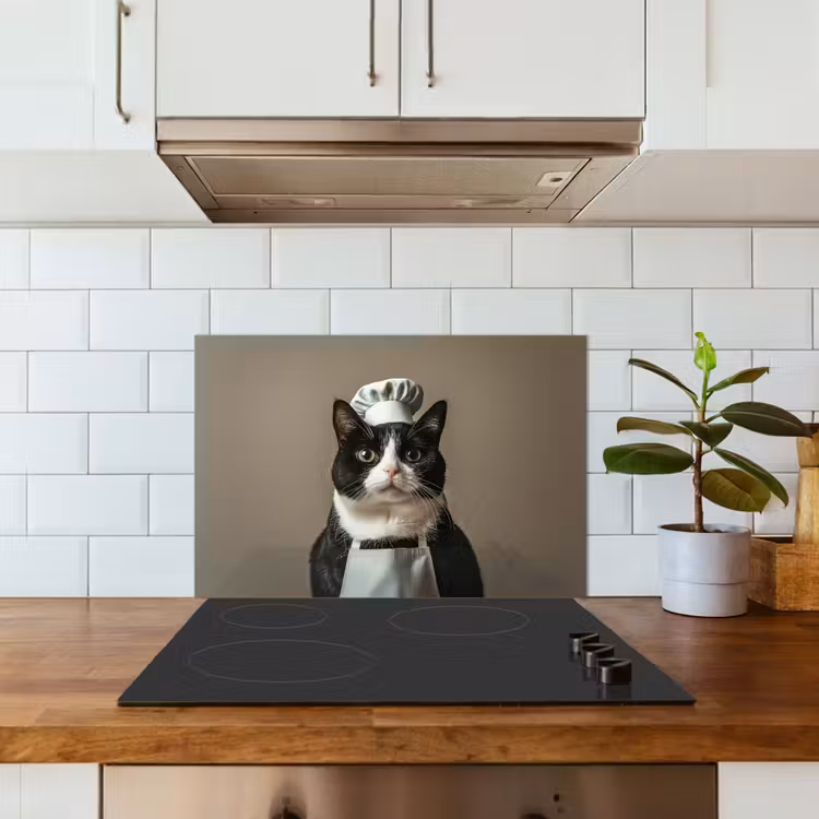 Kat - Kokskleding - Zwart - Wit keuken achterwand spatscherm klein -sfeer2