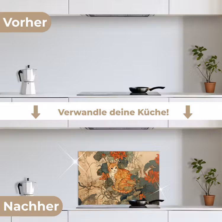 Kat - Sierlijk - Bloemen keuken achterwand spatscherm klein -voor_na_DE