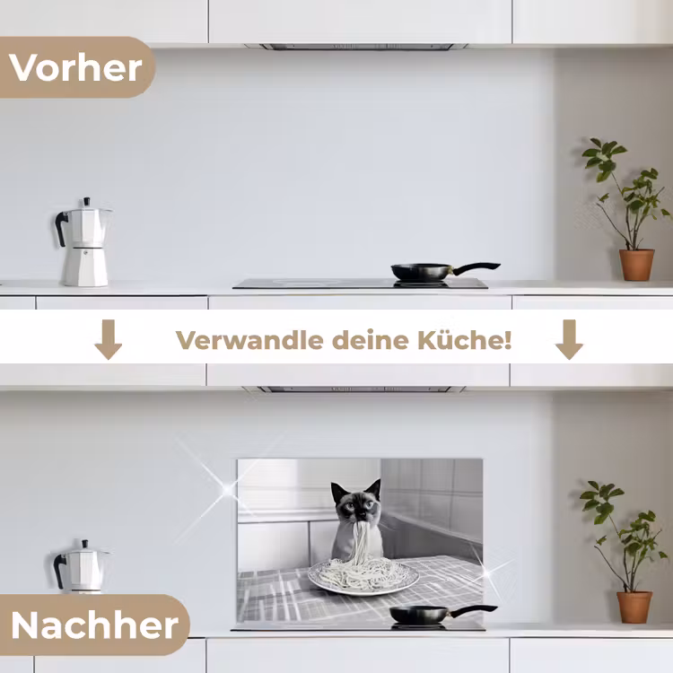 Kat - Siamees - Zwart Wit - Schattig - Dieren keuken achterwand spatscherm klein -voor_na_DE