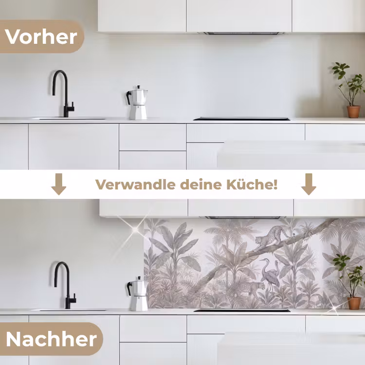 Kat - Vogel - Jungle - Illustratie - Dieren keuken achterwand 2 middel -voor-na_DE