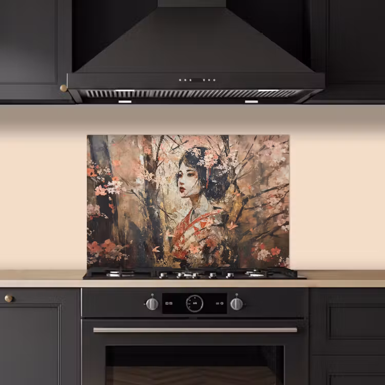 Kimono - Vrouw - kersenbomen keuken achterwand spatscherm klein -sfeer1