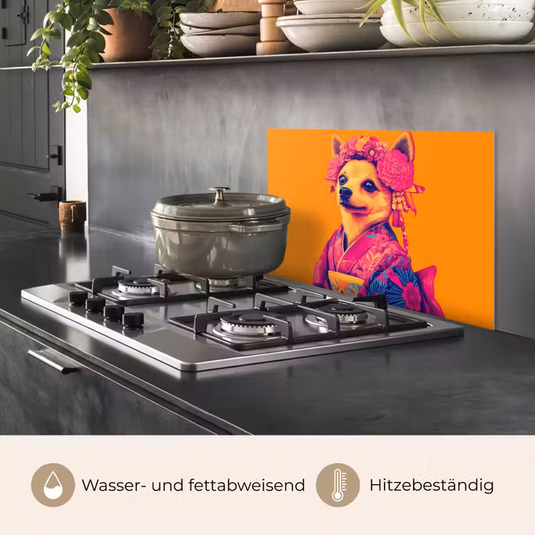 Kimono - Hondje - Bloemenkroon - Oranje keuken achterwand spatscherm klein -usp_DE