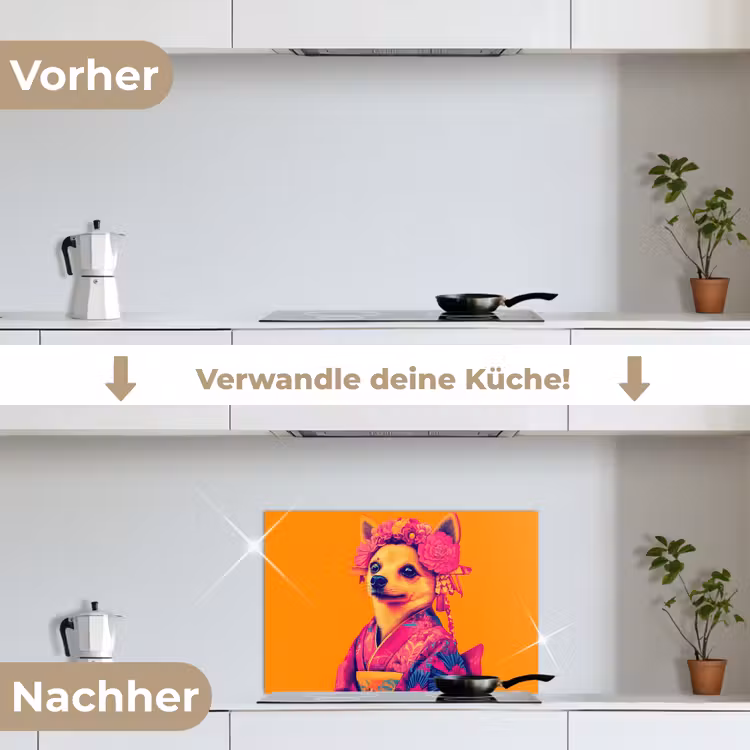 Kimono - Hondje - Bloemenkroon - Oranje keuken achterwand spatscherm klein -voor_na_DE