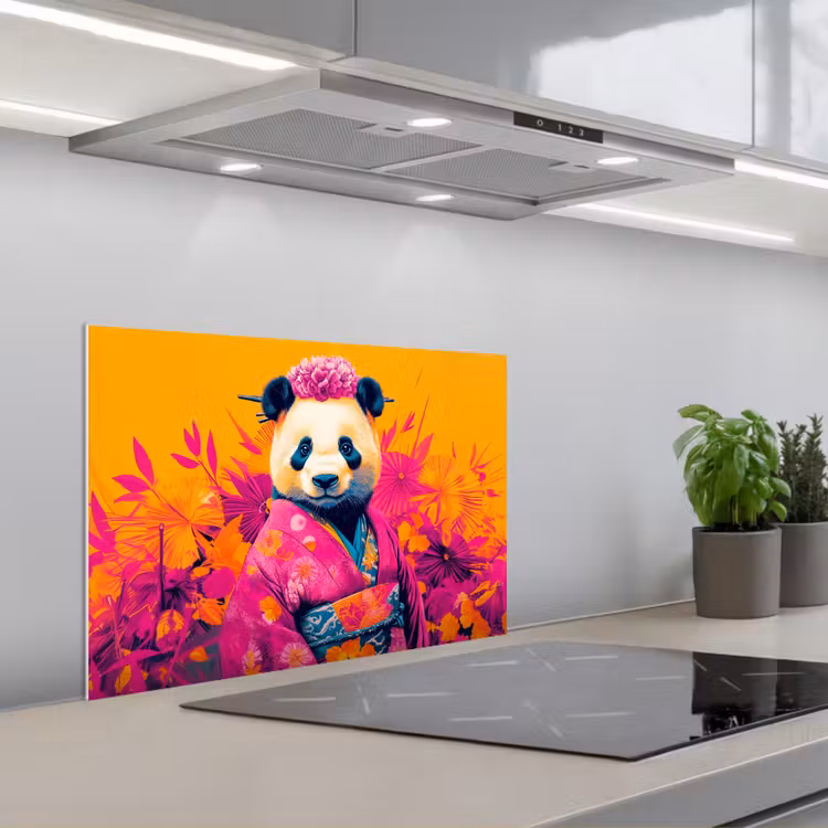 Kimono - Roze - Panda - Bloemenkroon keuken achterwand spatscherm klein -3d_schuin
