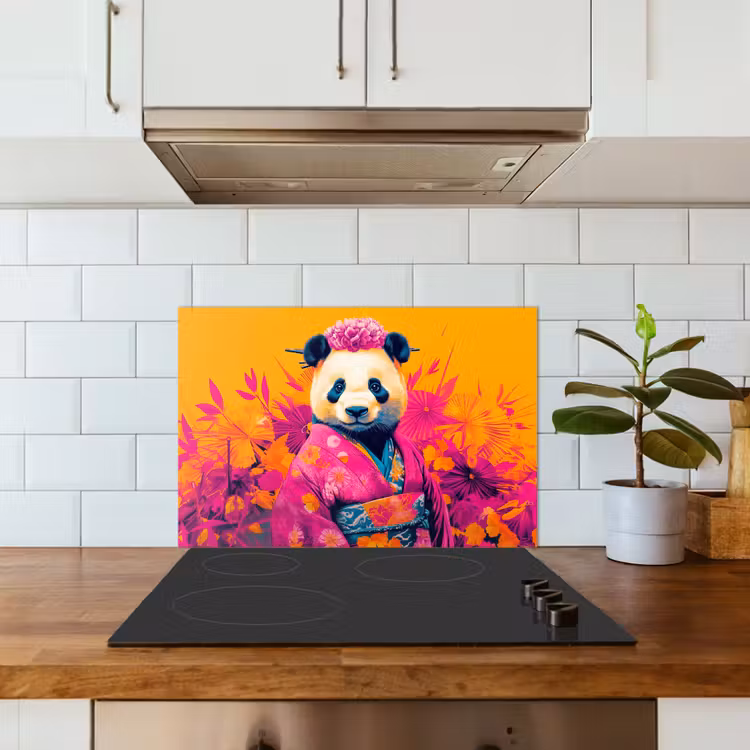 Kimono - Roze - Panda - Bloemenkroon keuken achterwand spatscherm klein -sfeer2