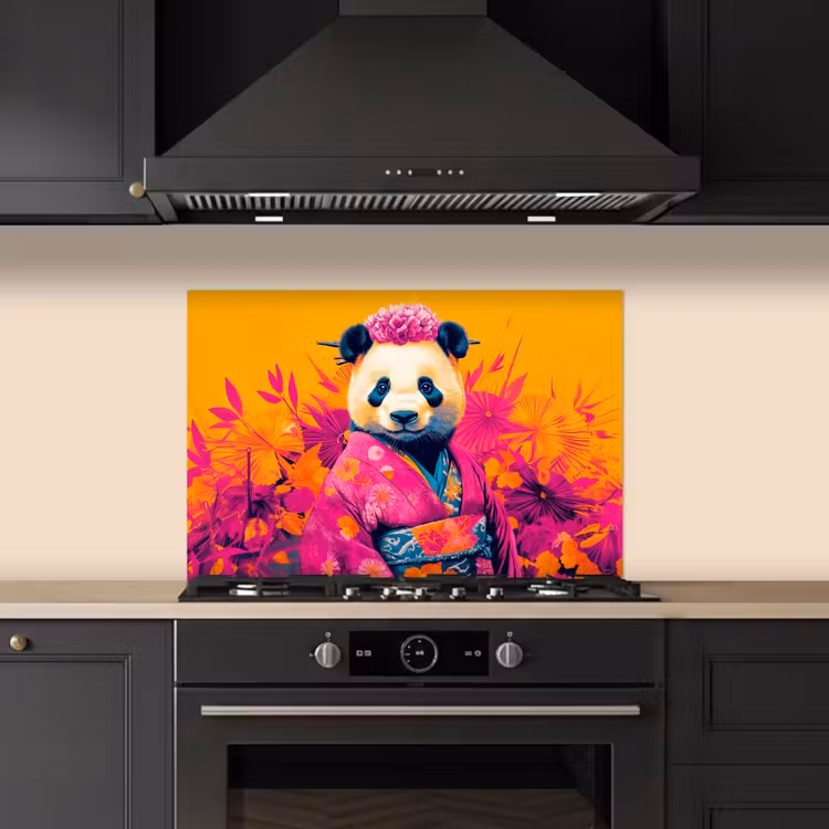 Kimono - Roze - Panda - Bloemenkroon keuken achterwand spatscherm klein -sfeer1
