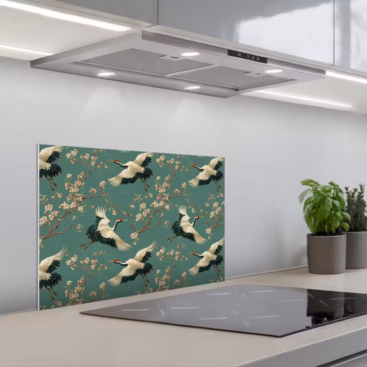 Kersenbloesem - Kraamvogels - Groen keuken achterwand spatscherm klein 900 -3d_schuin