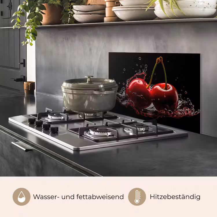 Kersen - Rood - Fruit - Water - Zwart keuken achterwand spatscherm klein -usp_DE