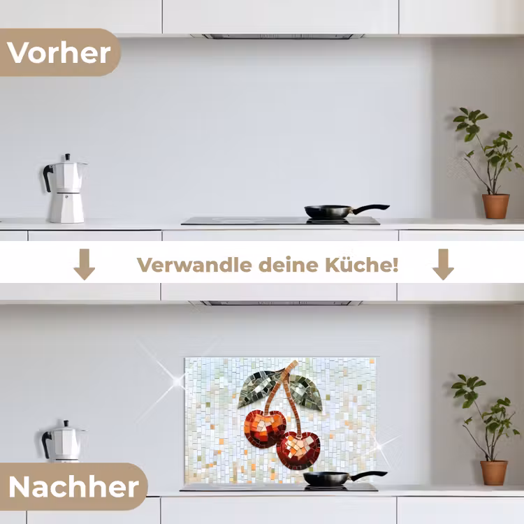 Kersen - Rood - Mozaïek - Blaadjes keuken achterwand spatscherm klein -voor_na_DE