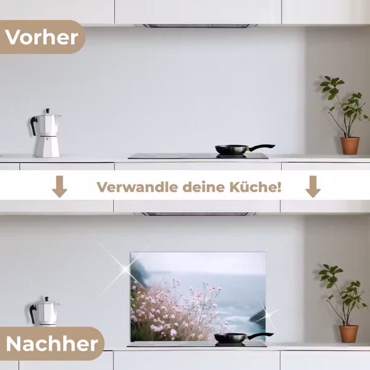 Klif - Bloemen - Zee - Roze keuken achterwand spatscherm klein -voor_na_DE