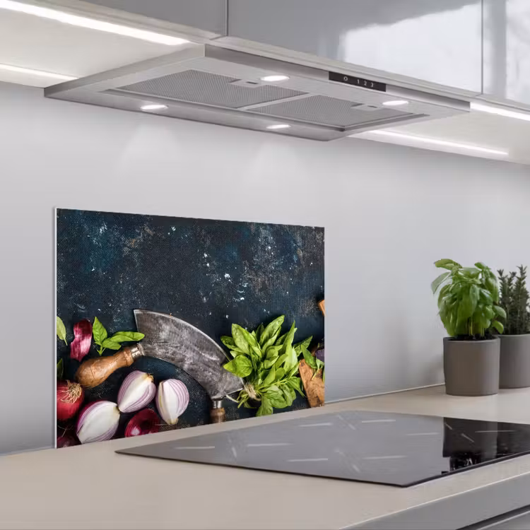 Koksmes en Verse Ingrediënten keuken achterwand spatscherm klein -3d_schuin