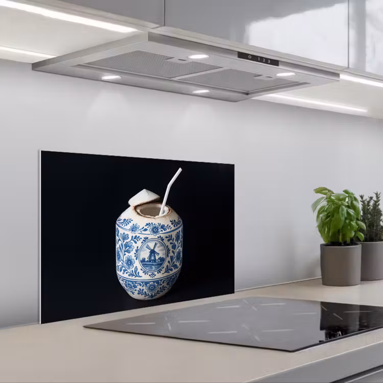 Kokosnoot - Eten - Delfts blauw - Drinken keuken achterwand spatscherm klein -3d_schuin