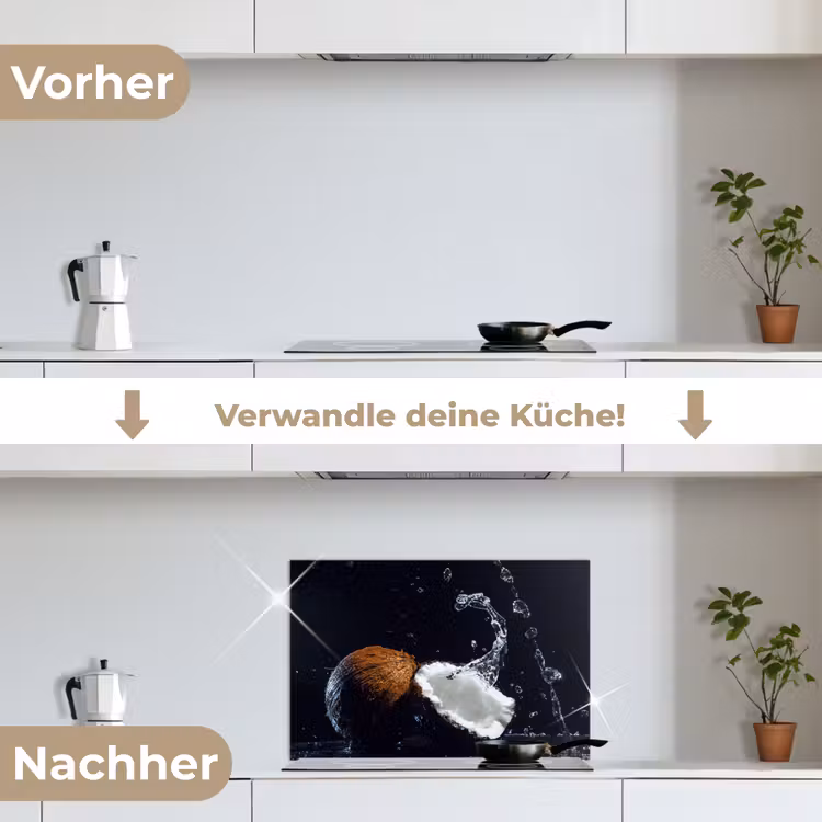 Kokosnoot - Stilleven - Water - Zwart - Fruit keuken achterwand spatscherm klein -voor_na_DE