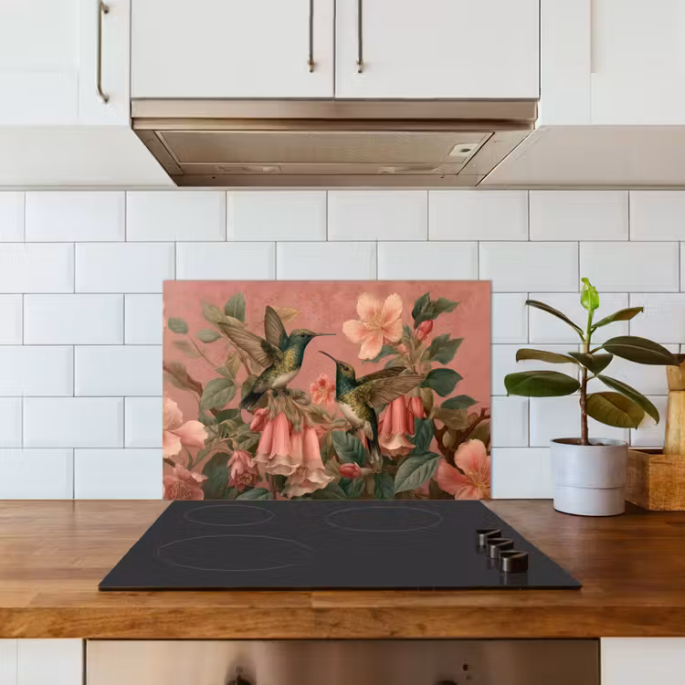 Kolibries - Bloemen - Groen - Roze keuken achterwand spatscherm klein -sfeer2