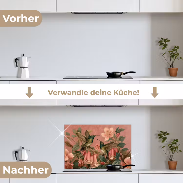 Kolibries - Bloemen - Groen - Roze keuken achterwand spatscherm klein -voor_na_DE