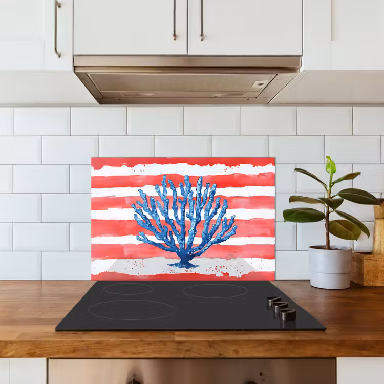 Koraal - Verfstructuur - Rood - Blauw keuken achterwand spatscherm klein -sfeer2