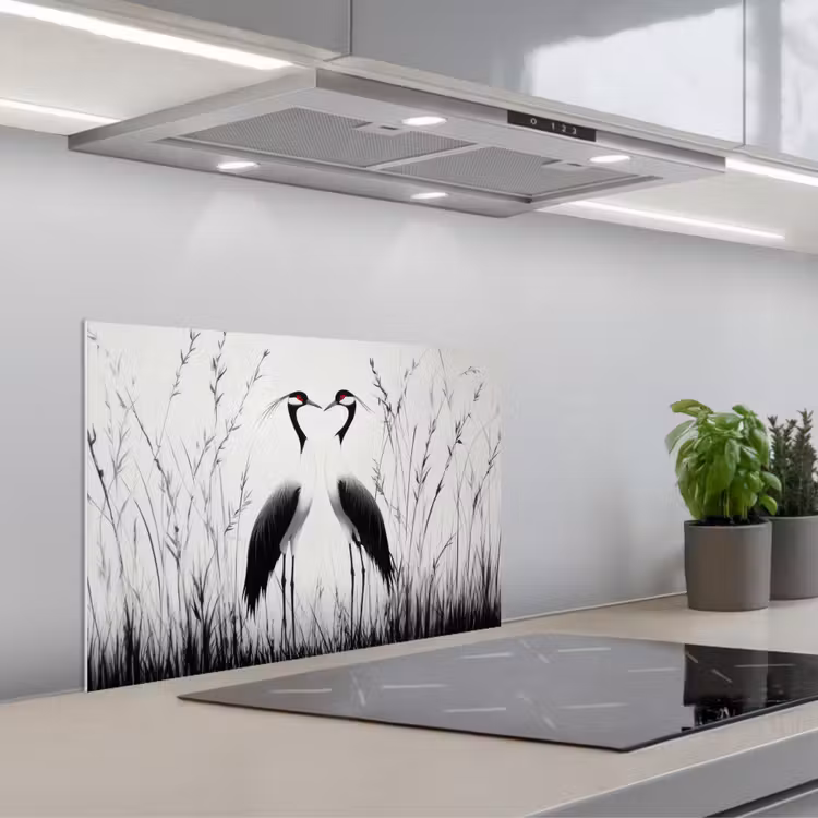 Kraanvogels - Gras - Hartvorm - Zwart keuken achterwand spatscherm klein -3d_schuin